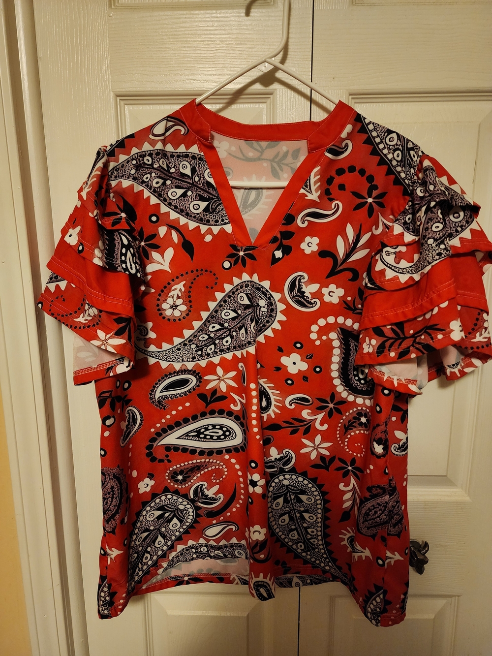 Source Unknown Red Paisley Ruffle Sleeve V-Neck Blouse